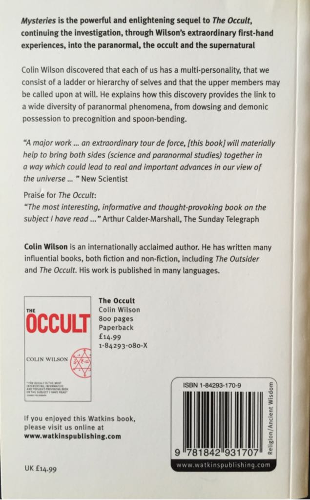 Mysteries: An Investigation into the Occult, the Paranormal and the Supernatural - Colin Wilson (Watkins Publishing - Paperback) book collectible [Barcode 9781842931707] - Main Image 2