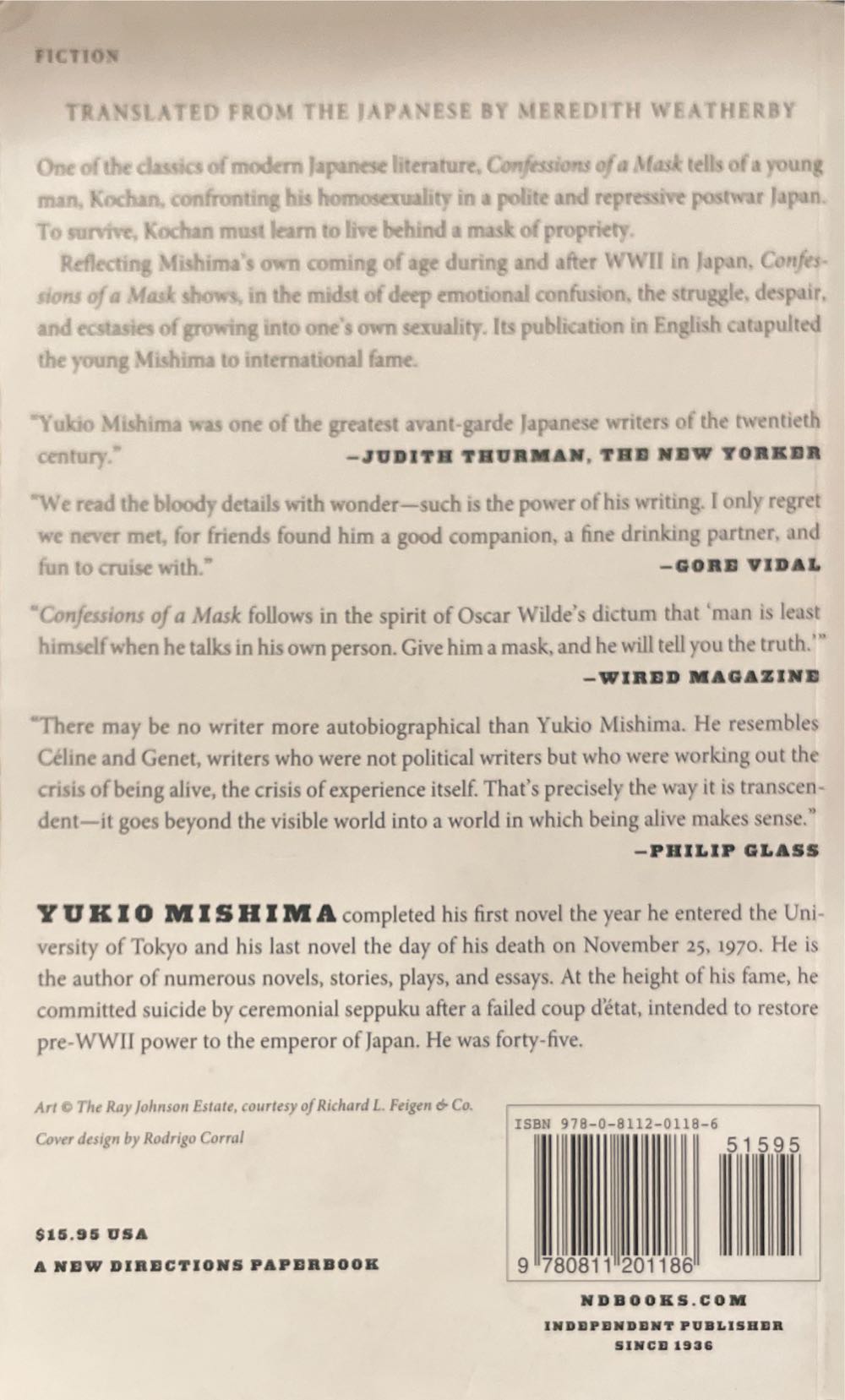 Confessions of a Mask - Mishima, Yukio (New Directions Publishing Corporation - Paperback) book collectible [Barcode 9780811201186] - Main Image 2