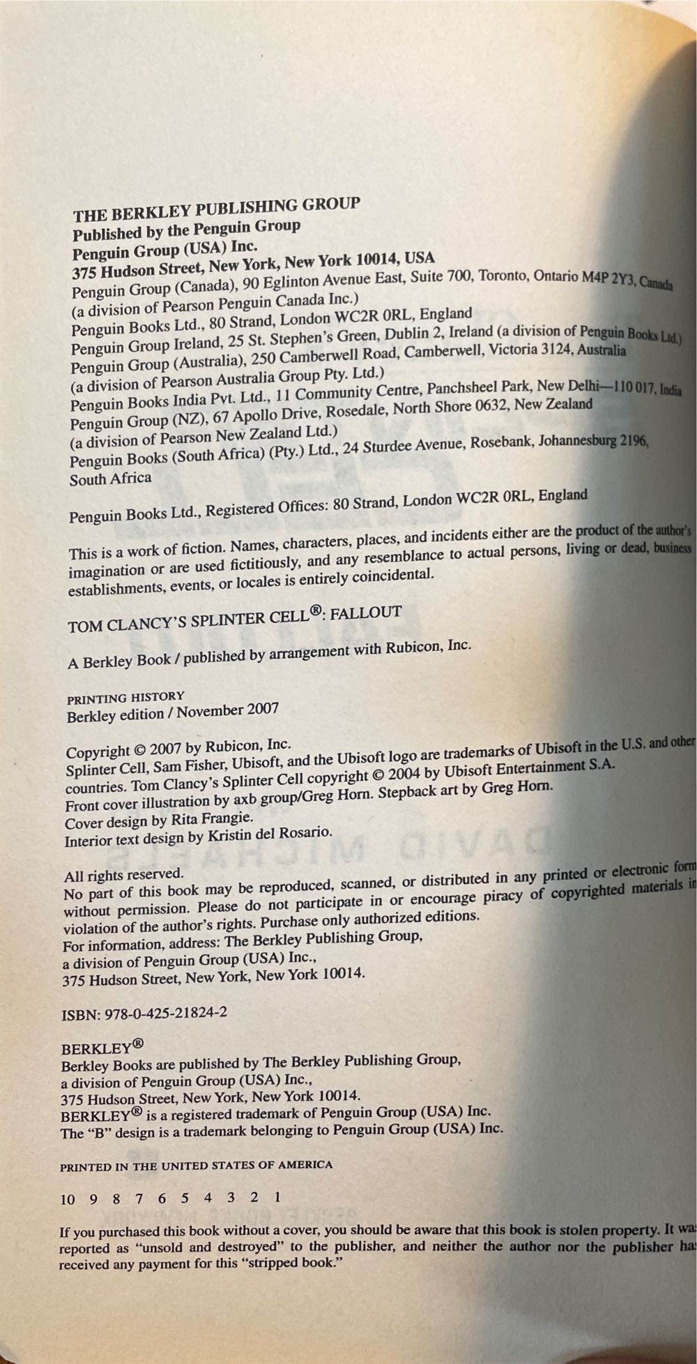 Splinter Cell:  Book #4 Fallout - Tom Clancy (Berkley Books - Paperback) book collectible [Barcode 9780425218242] - Main Image 2