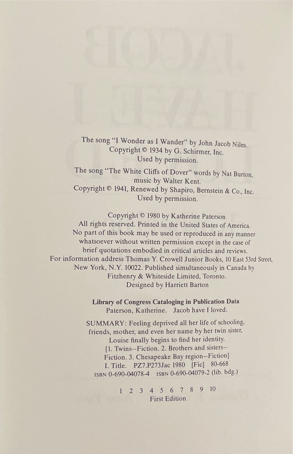 Jacob Have I Loved - Katherine Paterson (Thomas Y. Crowell - Hardcover) book collectible [Barcode 9780690040784] - Main Image 2