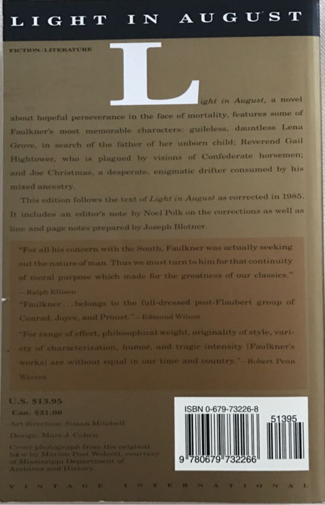 Light in August - William Faulkner (Vintage Books - Paperback) book collectible [Barcode 9780679732266] - Main Image 2