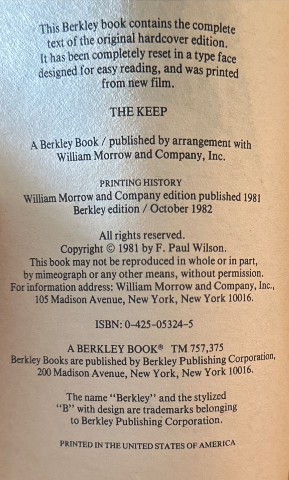 The Keep - F. Paul Wilson (Berkley - Paperback) book collectible [Barcode 9780425053249] - Main Image 3