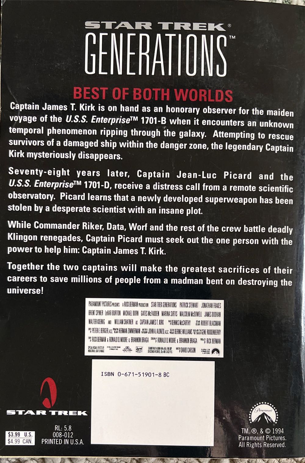 Star Trek: Generations - John Vornholt (Minstrel Books - Paperback) book collectible [Barcode 9780671519018] - Main Image 2