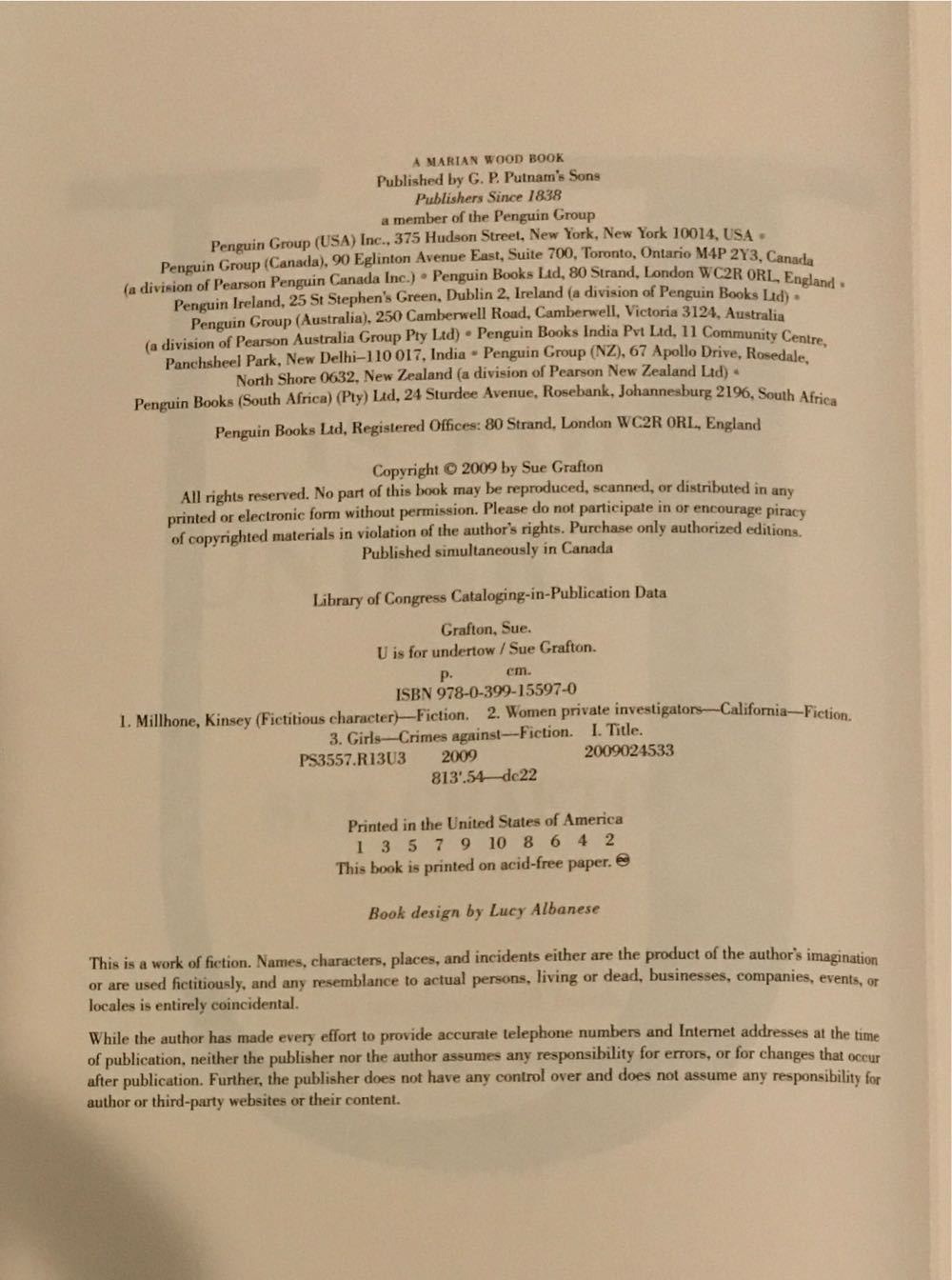 U Is For Undertow - Sue Grafton (Marian Wood - Hardcover) book collectible [Barcode 9780399155970] - Main Image 3