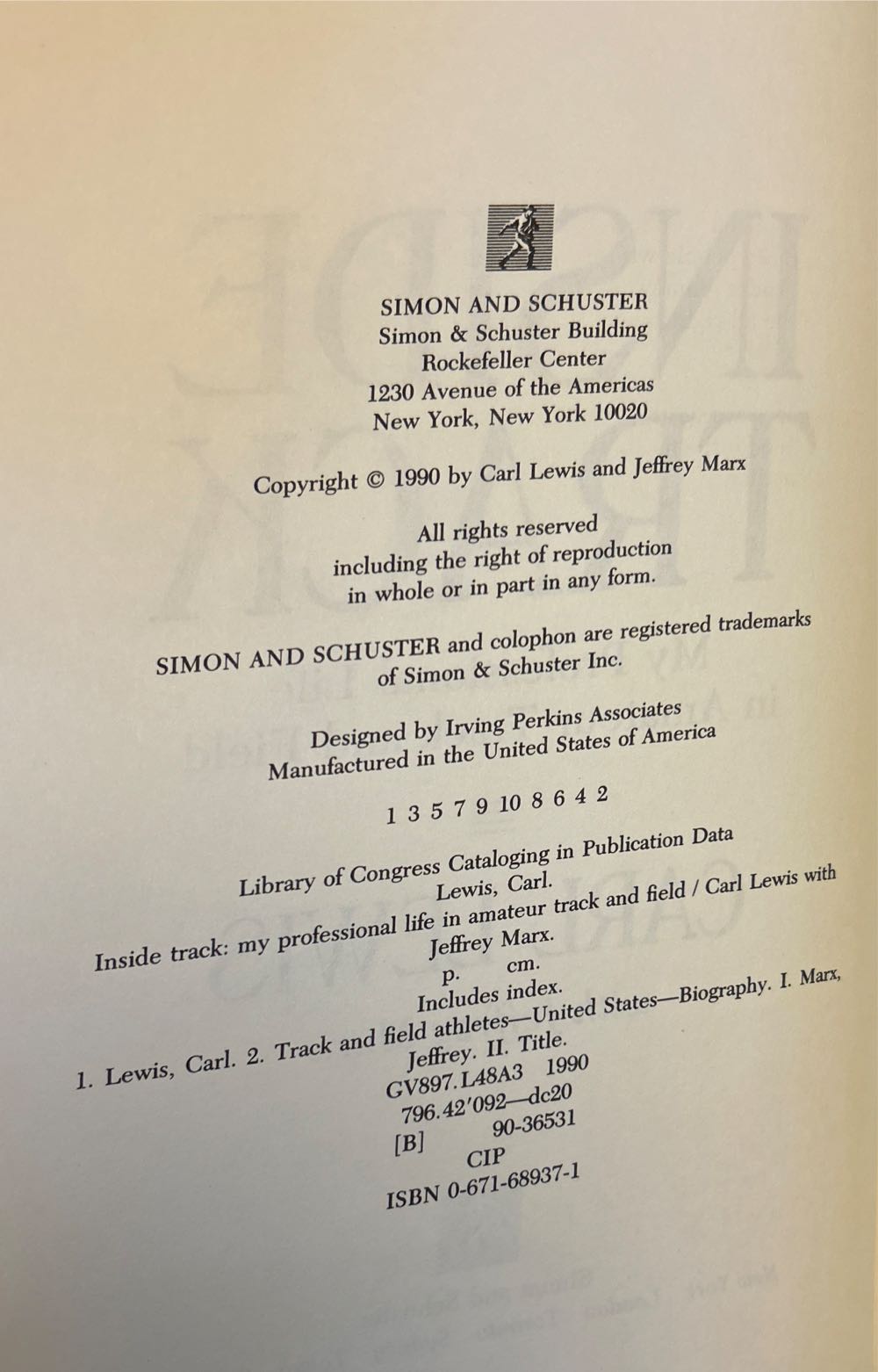 Inside Track - Carl Lewis (Simon & Schuster - Hardcover) book collectible [Barcode 9780671689377] - Main Image 2