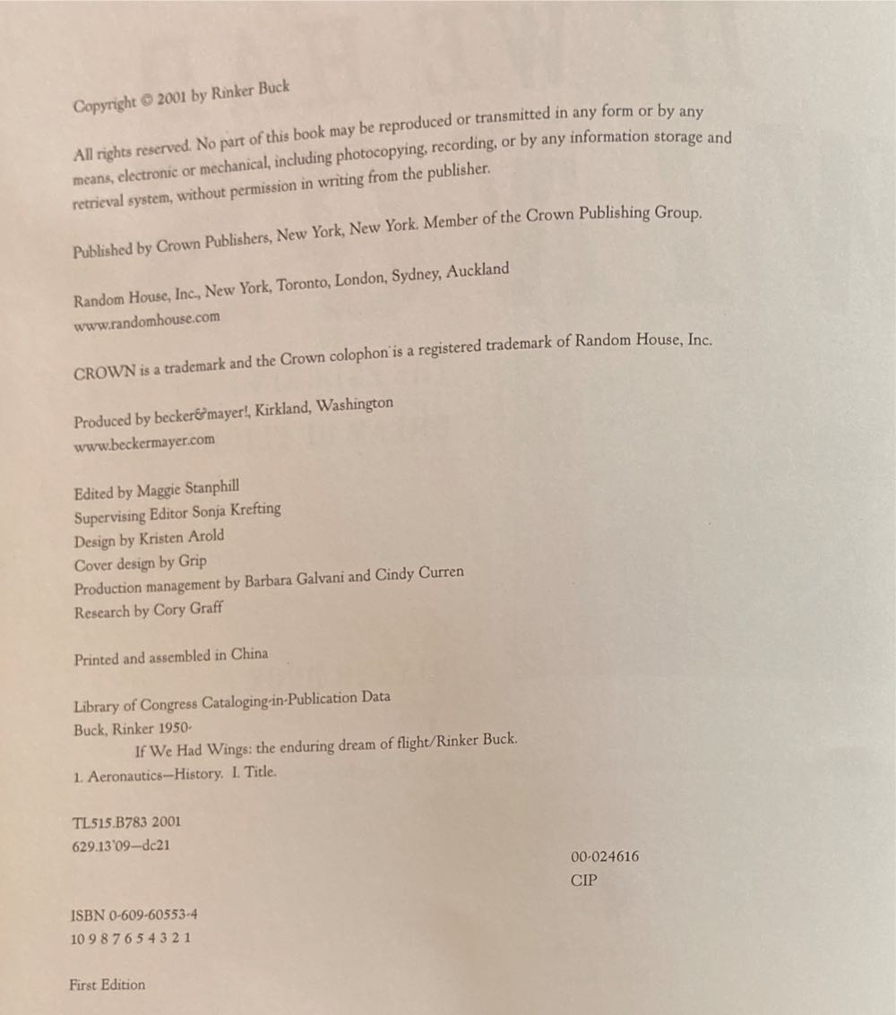 If We Had Wings: The Enduring Dream of Flight - Rinker Buck -- 1ST - Buck, Rinker (Crown Publishers - Hardcover) book collectible [Barcode 9780609605530] - Main Image 4