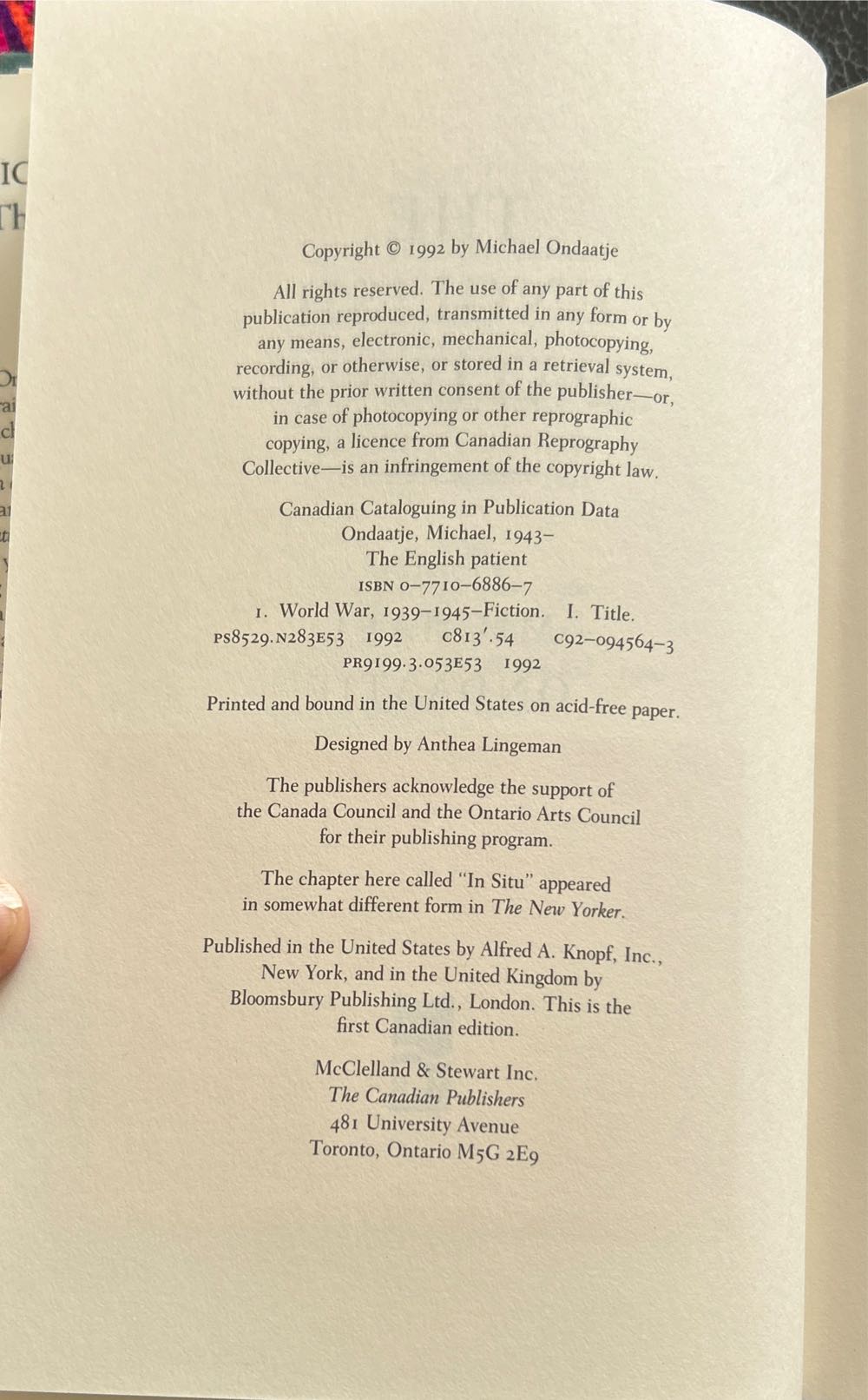 English Patient, The - Michael Ondaatje (McClelland - Hardcover) book collectible [Barcode 9780771068867] - Main Image 3
