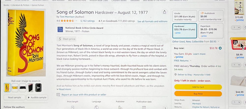 Song of Solomon - Toni Morrison (Random House Inc - Hardcover) book collectible [Barcode 9780394497846] - Main Image 3