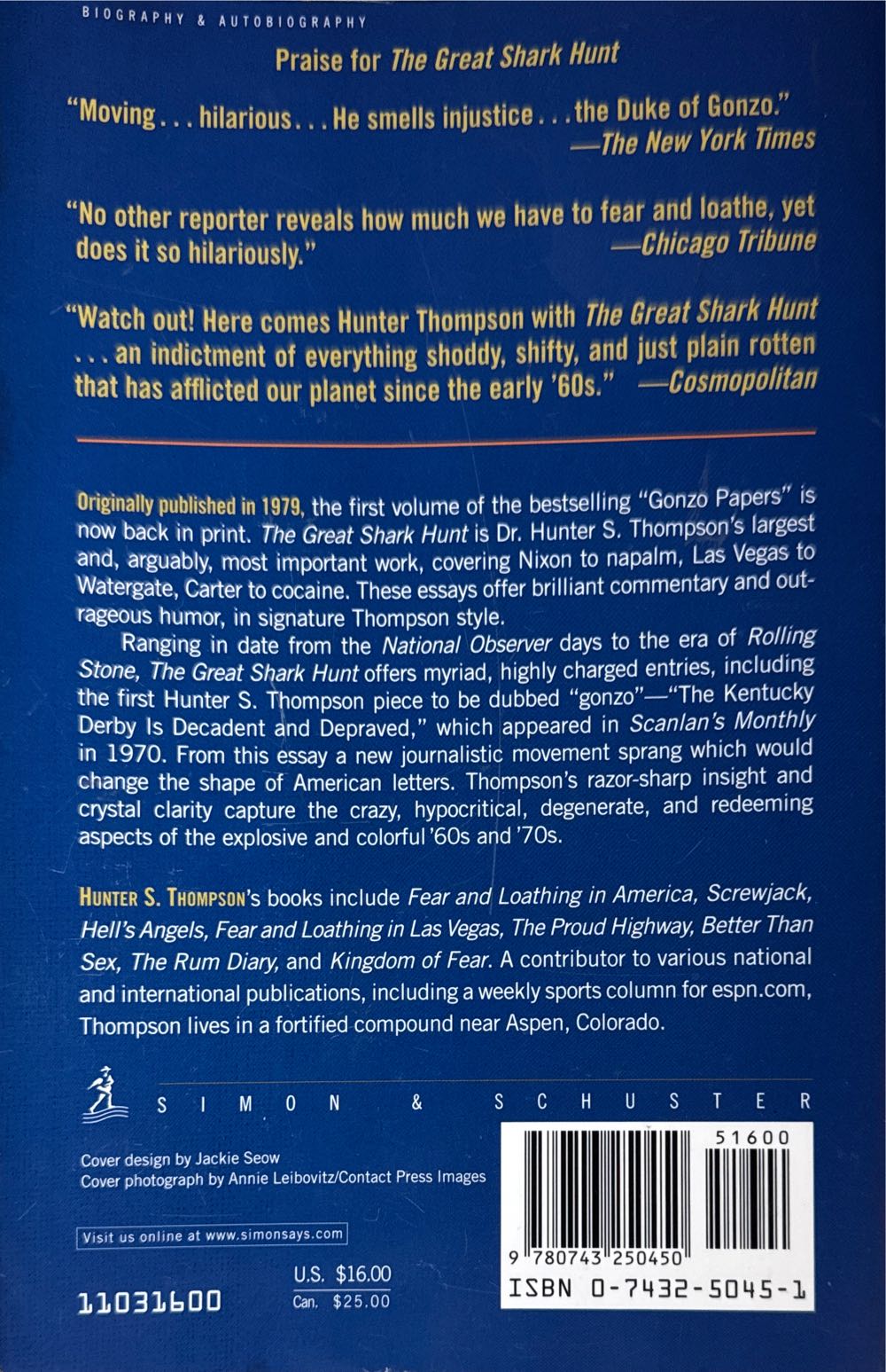 Great Shark Hunt: Strange Tales from a Strange Time - Hunter S. Thompson (- Paperback) book collectible [Barcode 9780743250450] - Main Image 2