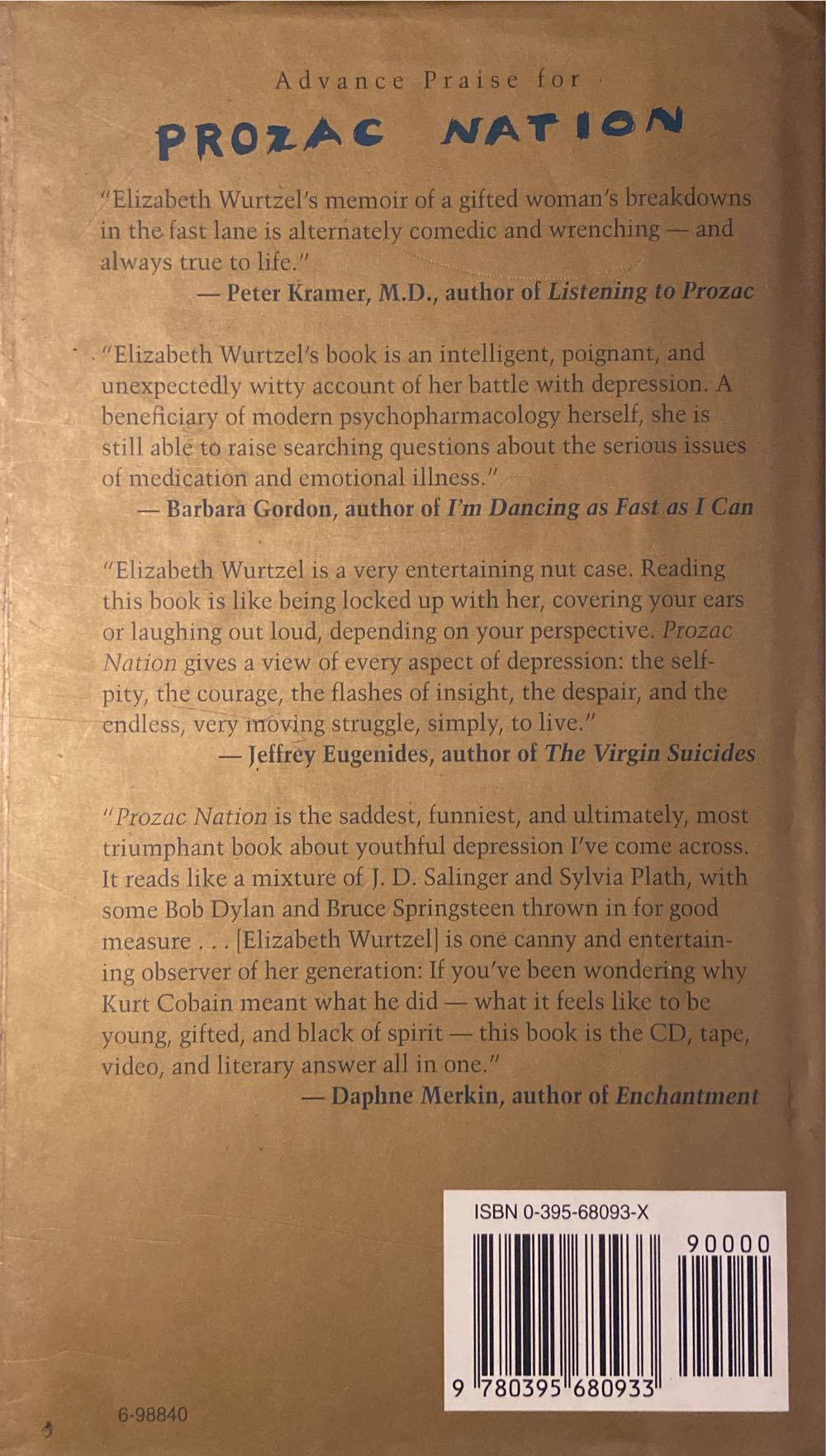 Prozac Nation - Elizabeth Wurtzel (Houghton Mifflin Company Boston - Hardcover) book collectible [Barcode 9780395680933] - Main Image 2