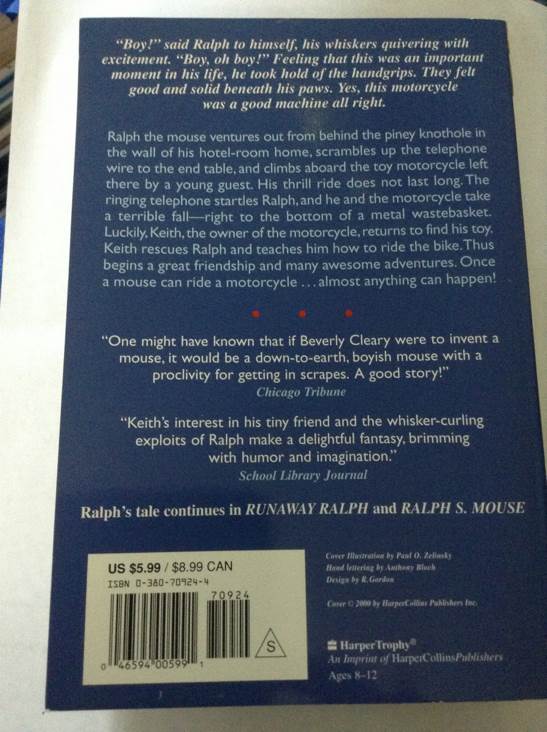 Ralph: The Mouse and the Motorcycle - Beverly Cleary (HarperTrophy - Paperback) book collectible [Barcode 9780380709243] - Main Image 2