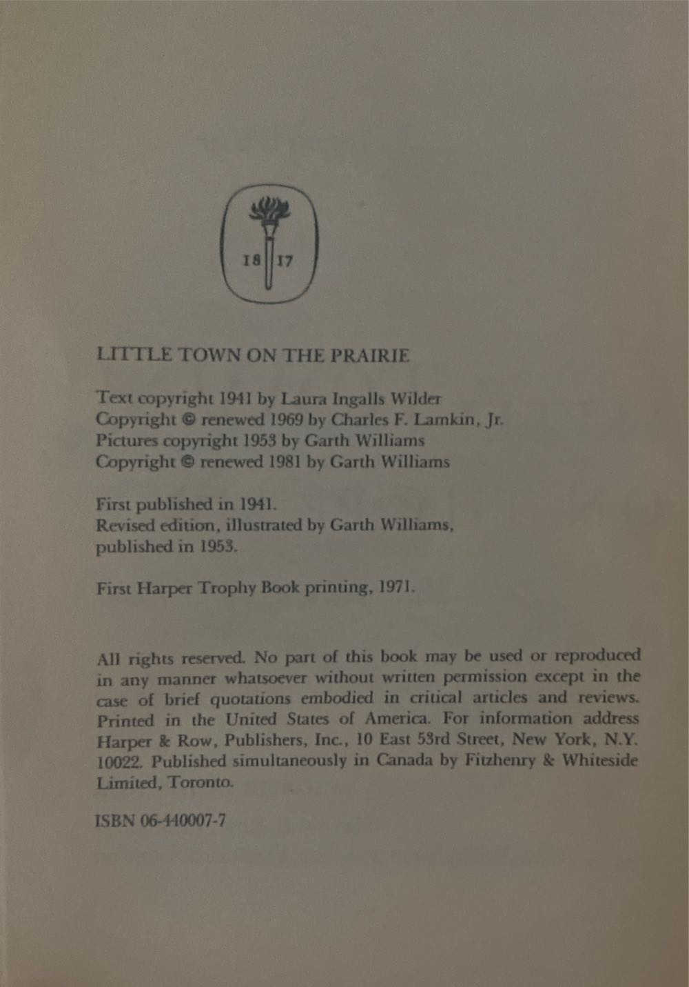 Little House Bk7: Little Town on the Prairie - Laura Ingalls Wilder (Harper & Row, Publishers - Trade Paperback) book collectible [Barcode 9780064400077] - Main Image 3