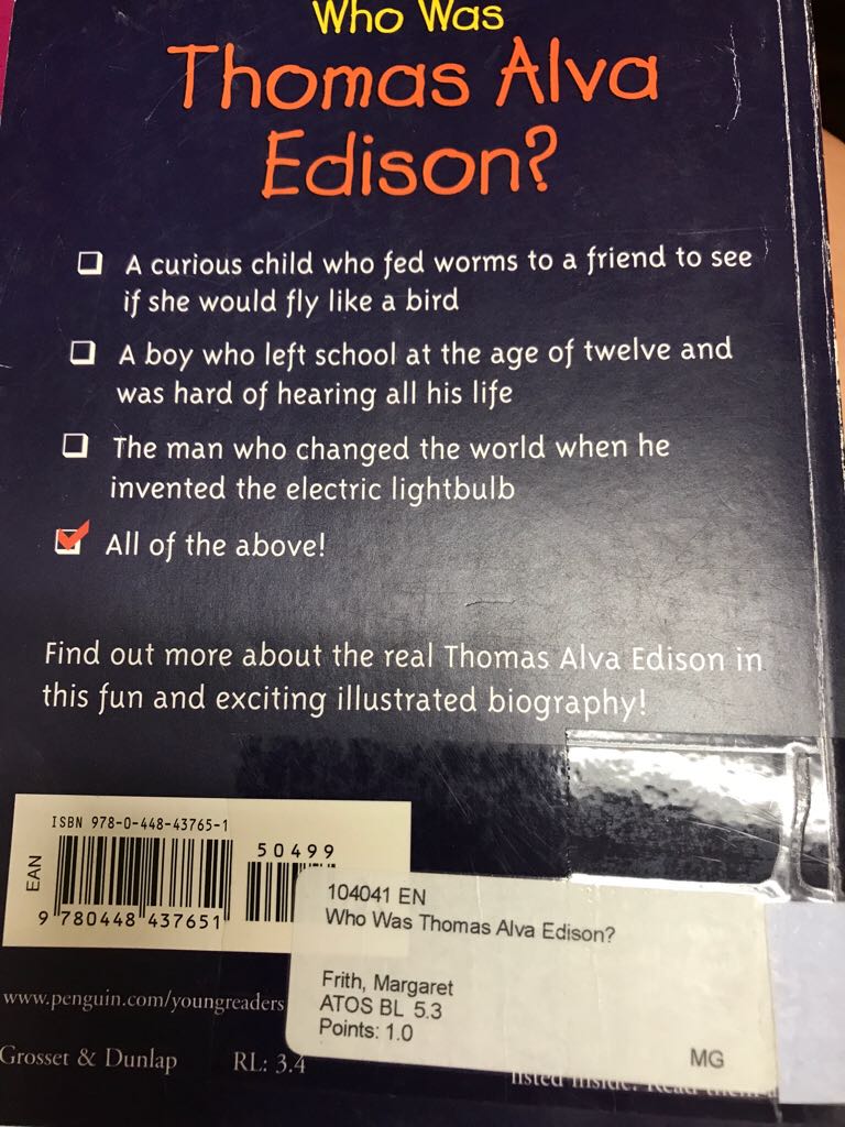 Who Was Thomas Alva Edison? - Margaret Frith (Grosset & Dunlap - Paperback) book collectible [Barcode 9780448437651] - Main Image 2