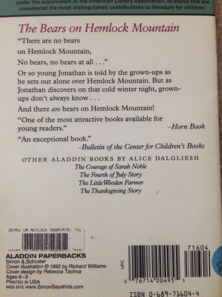 The Bears on Hemlock Mountain - Alice Dalgliesh (Simon and Schuster - Paperback) book collectible [Barcode 9780689716041] - Main Image 2