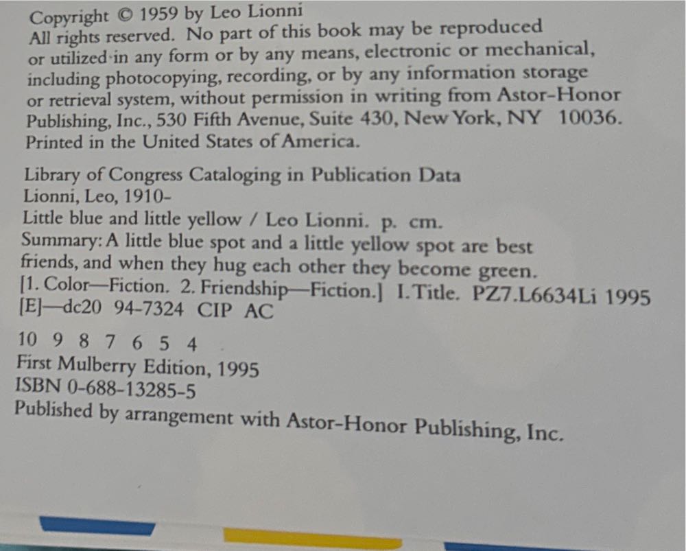 Little Blue and Little Yellow - Leo Lionni (Mulberry Books - Paperback) book collectible [Barcode 9780688132859] - Main Image 3