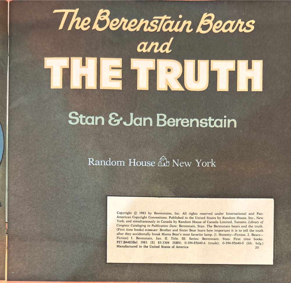 Berenstain Bears: BB And The Truth - Stan & Jan Berenstain (Random House - Hardcover) book collectible [Barcode 9780394856407] - Main Image 3
