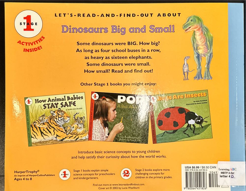 L1: Dinosaurs Big and Small (Let’s Read And Find Out Science) - Kathleen Weidner Zoehfeld (Harper Collins Publishers - Paperback) book collectible [Barcode 9780064451826] - Main Image 3