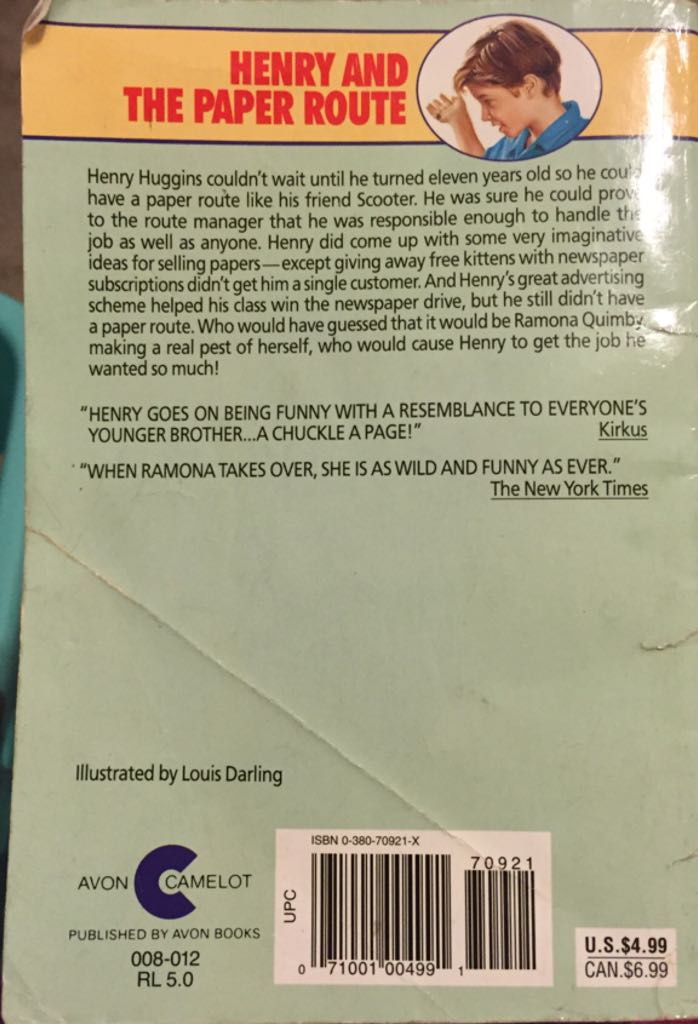 Henry and the Paper Route - Beverly Cleary (Avon Camelot - Paperback) book collectible [Barcode 9780380709212] - Main Image 2