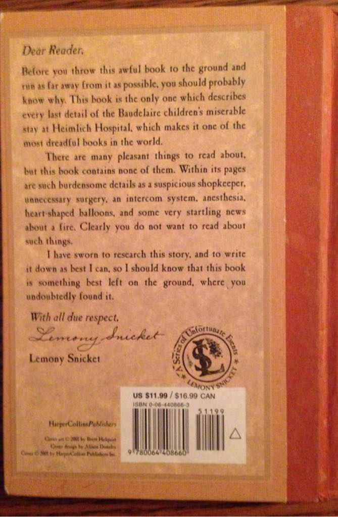 A Series of Unfortunate Events #8: The Hostile Hospital - Lemony Snicket (Harper Collins - Hardcover) book collectible [Barcode 9780064408660] - Main Image 2