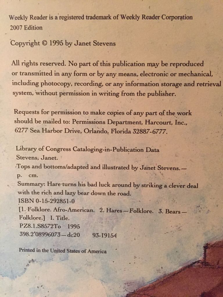 Tops And Bottoms - Janet Stevens (Harcourt, Inc - Hardcover) book collectible [Barcode 9780152928513] - Main Image 2