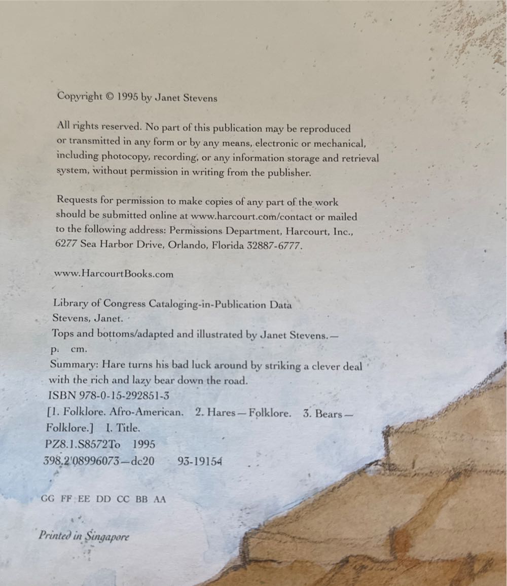 Tops And Bottoms - Janet Stevens (Harcourt, Inc - Hardcover) book collectible [Barcode 9780152928513] - Main Image 3