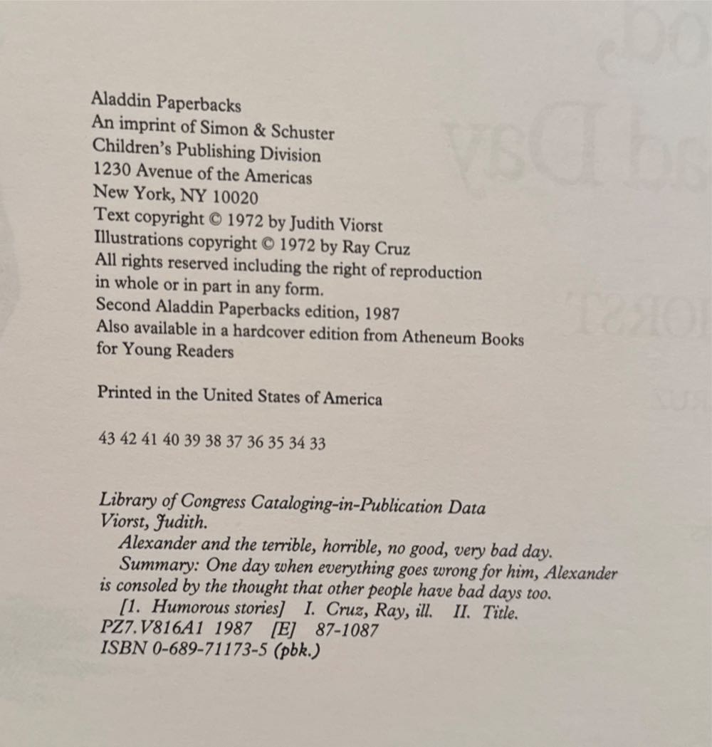 Alexander And The Terrible, Horrible, No Good, Very Bad Day - Judith Viorst (An Aladdin Book - Paperback) book collectible [Barcode 9780689711732] - Main Image 3