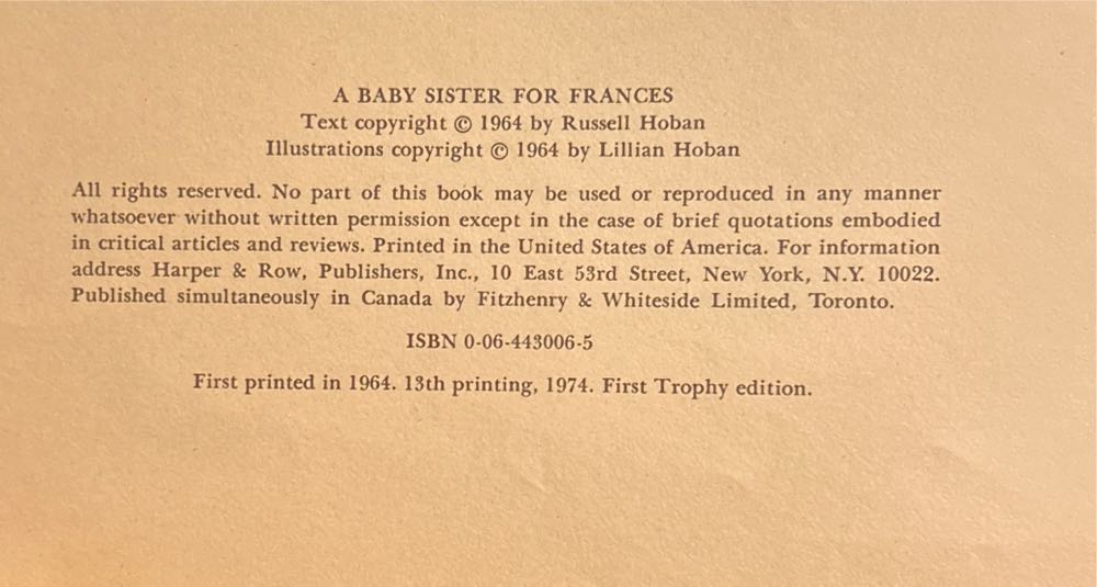 A Baby Sister For Frances - Russell Hoban (Harper & Row, Publishers - Paperback) book collectible [Barcode 9780590318976] - Main Image 4