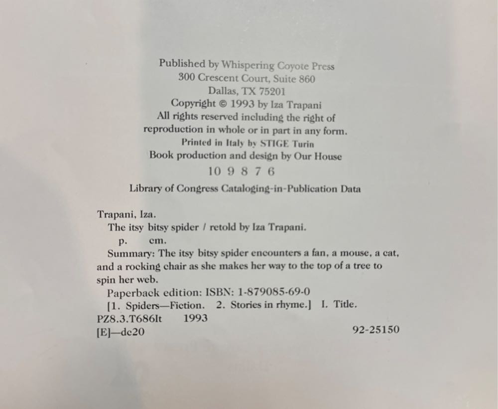 The Itsy Bitsy Spider - Iza Trapani (Whispering Coyote Press - Paperback) book collectible [Barcode 9781879085695] - Main Image 3