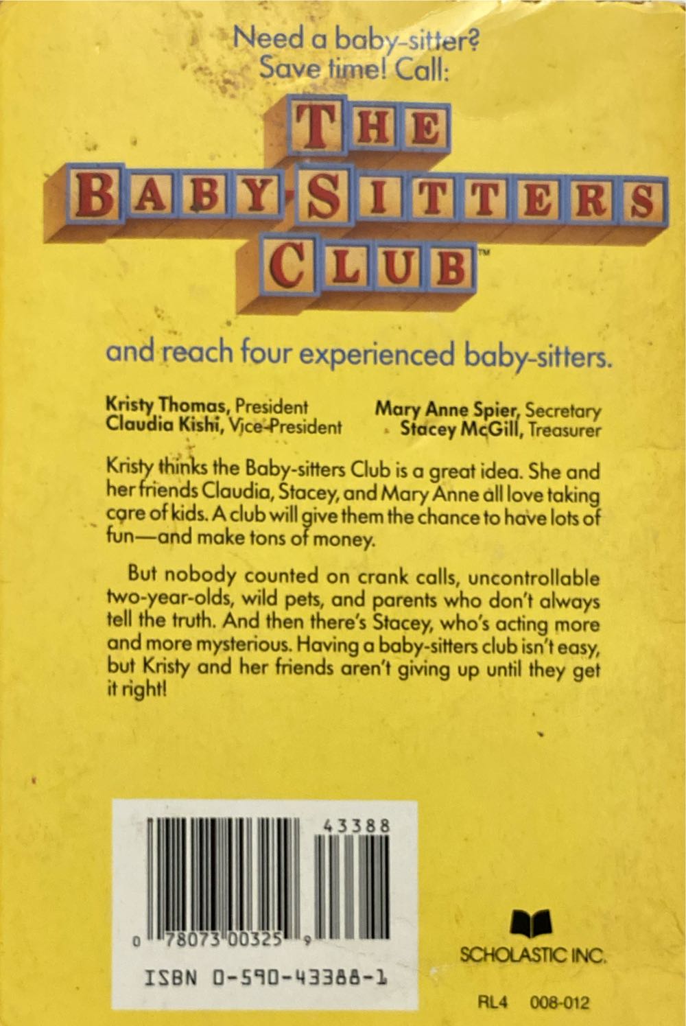 Baby-Sitters Club Original #1: Kristy’s Great Idea - 8th Graders - Ann M. Martin (Scholastic - Paperback) book collectible [Barcode 9780590433884] - Main Image 3