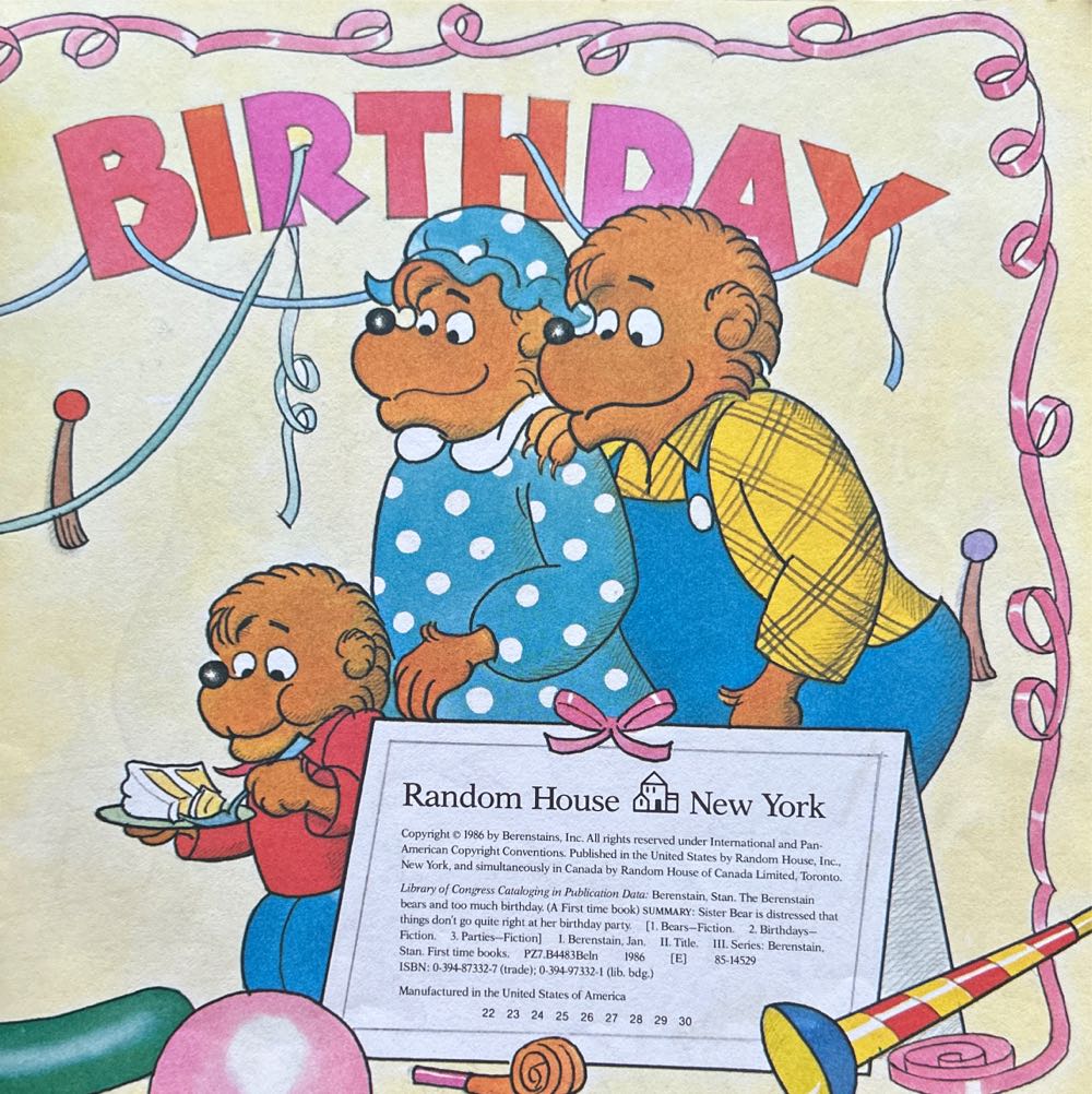 Berenstain Bears: BB And Too Much Birthday - Stan & Jan Berenstain (Random House - Hardcover) book collectible [Barcode 9780394873329] - Main Image 3