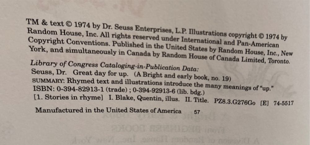 Dr. Seuss: Great Day For Up - Quentin Blake (Random House - Hardcover) book collectible [Barcode 9780394829135] - Main Image 3