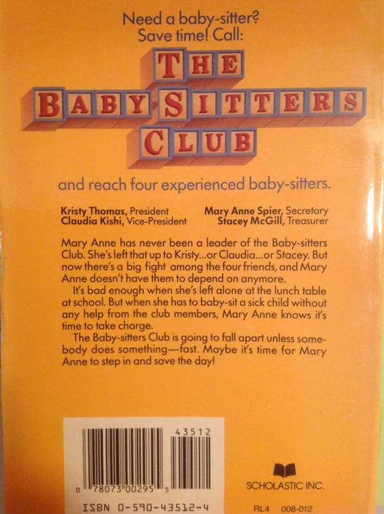 Baby-Sitters Club Original #4: Mary Anne Saves the Day - Gave To Anna - Ann M. Martin (Scholastic Inc - Paperback) book collectible [Barcode 9780590435123] - Main Image 2