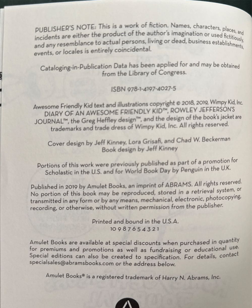 * Diary of a Wimpy Kid: Diary of an Awesome Friendly Kid - Jeff Kinney (Amulet Books - Hardcover) book collectible [Barcode 9781419740275] - Main Image 3