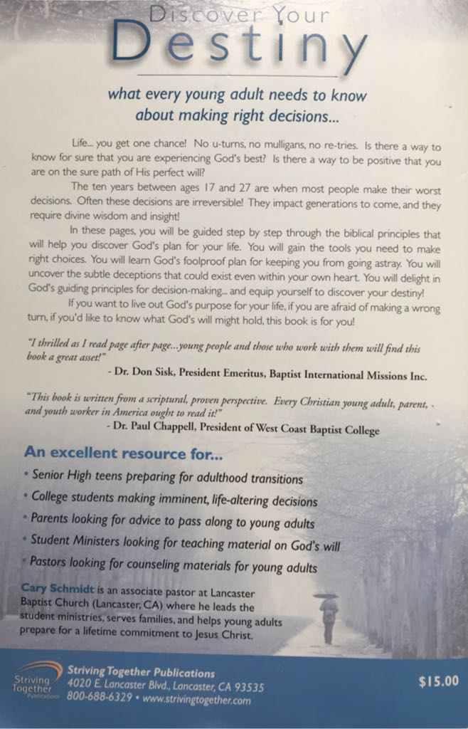 Discover Your Destiny - Cary Schmidt (Striving Together Pub. - Paperback) book collectible [Barcode 9780965285926] - Main Image 2