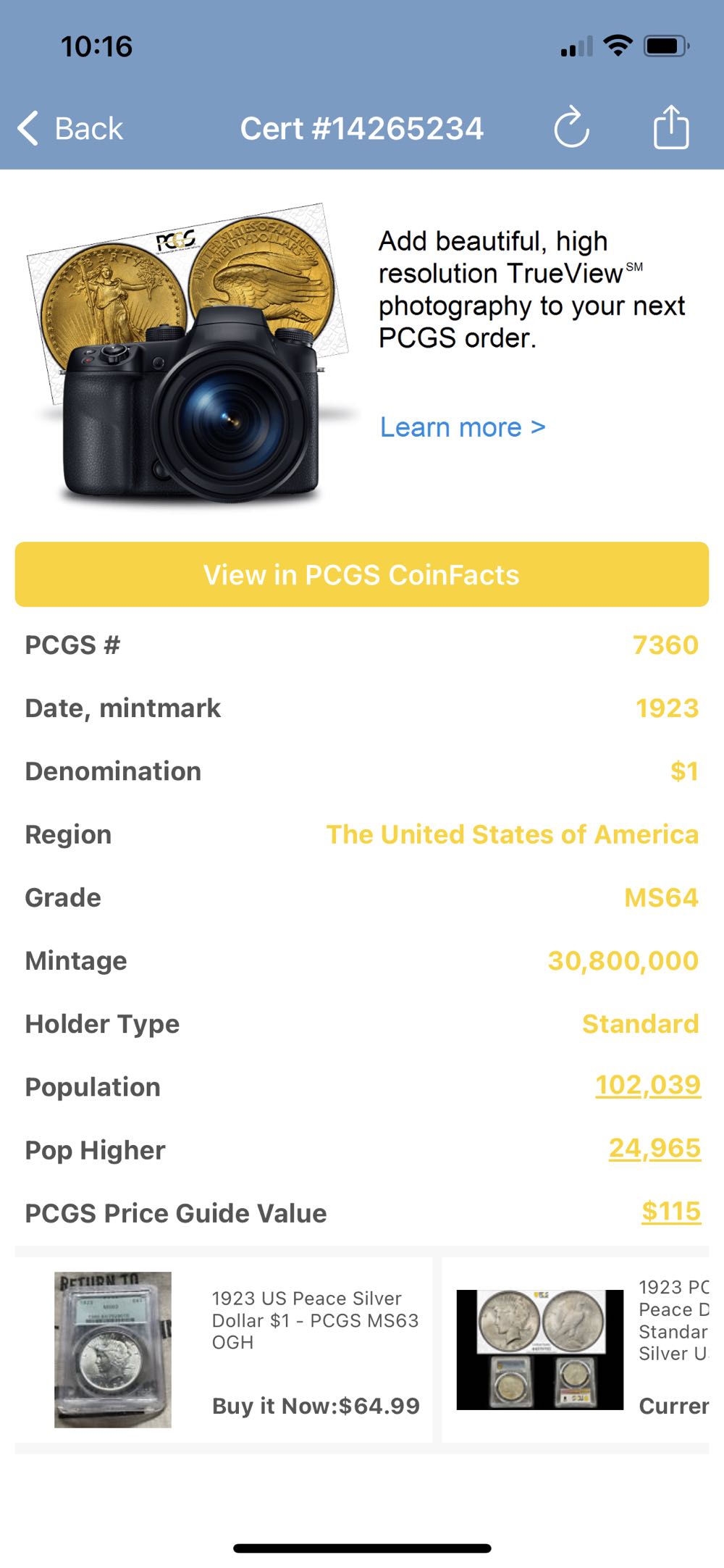 1923 Peace Dollar  coin collectible - Main Image 3