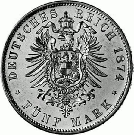 173 - WÜRTTEMBERG : 5 Mark 1874-1888 F - Karl  coin collectible - Main Image 2