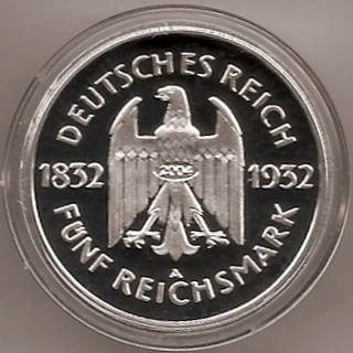 351R - WEIMAR : 5 Reichsmark 1932 A - Goethe coin collectible - Main Image 2