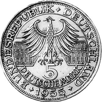 390R - BRD : 5 Mark 1955 G - Markgraf von Baden  coin collectible - Main Image 2