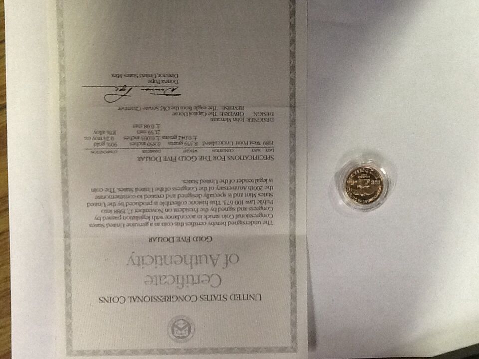 1989 United States Congressional Gold $5 Coin Uncirculated  coin collectible - Main Image 2