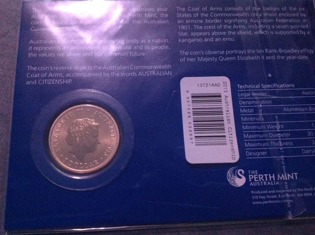 2013 AustralIan CItizenship $1  coin collectible - Main Image 2