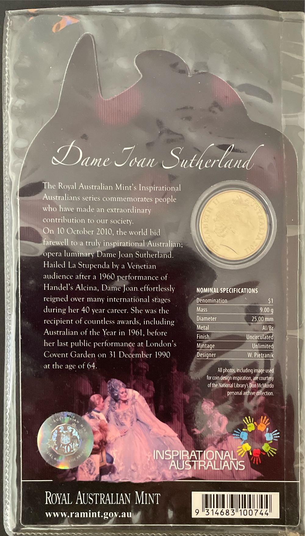 2011 $1 Uncirculated Inspirational Australians - Dame Joan Sutherland  coin collectible [Barcode 9314683100744] - Main Image 2