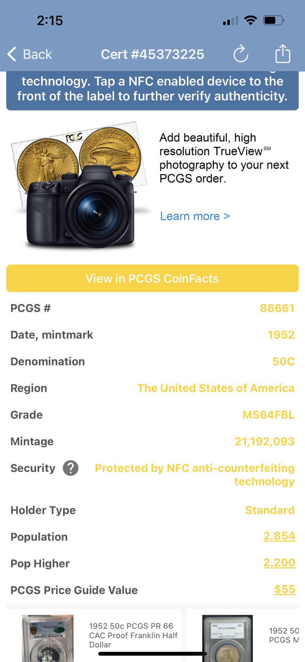 1952 Franklin Half Dollar  coin collectible - Main Image 3