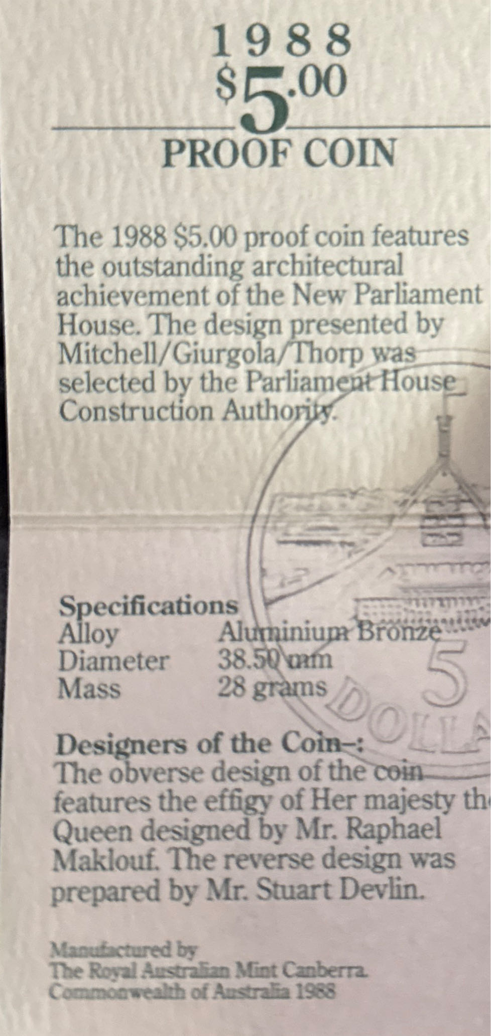 1988 $5 Proof  coin collectible - Main Image 4