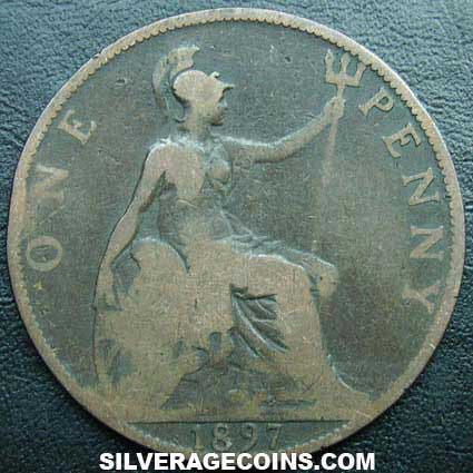 1897 Queen Victoria British Bronze "Widow Head” Penny  coin collectible - Main Image 2