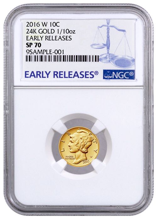 2016-W 1/10 oz. Gold Mercury Dime Centennial NGC SP70 Early Releases coin collectible - Main Image 2