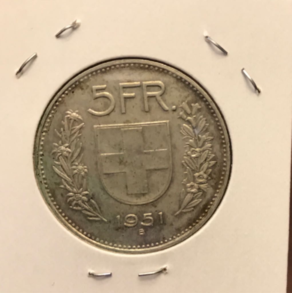 1951 Switzerland 5 Franc  coin collectible - Main Image 2