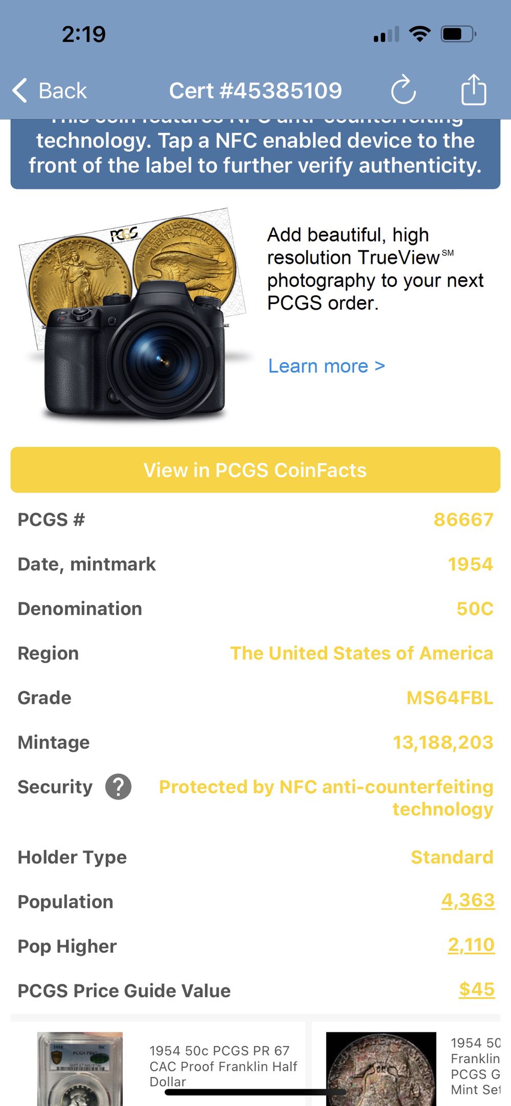 1954 Franklin Half Dollar  coin collectible - Main Image 3