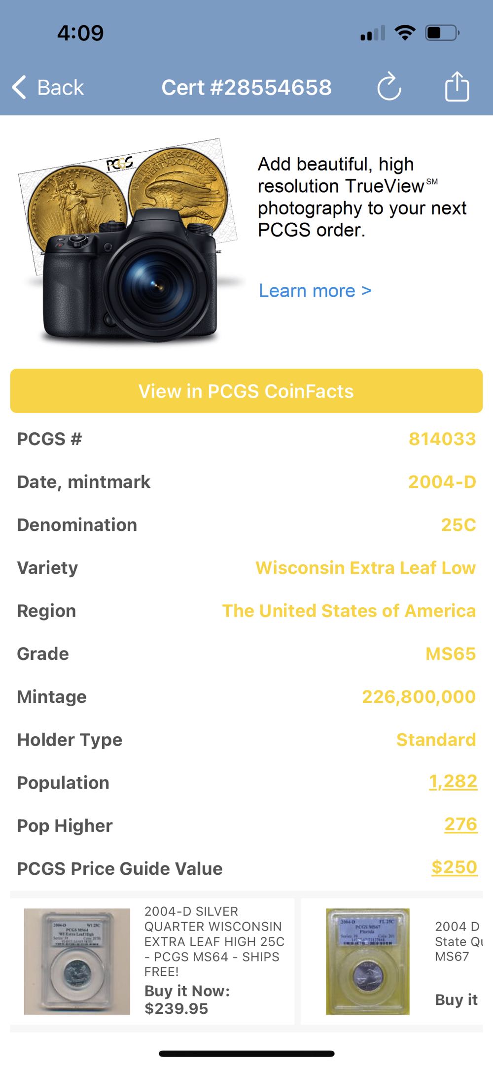 State Quarter Wisconsin 2004-D (Extra Leaf Low)  coin collectible - Main Image 3