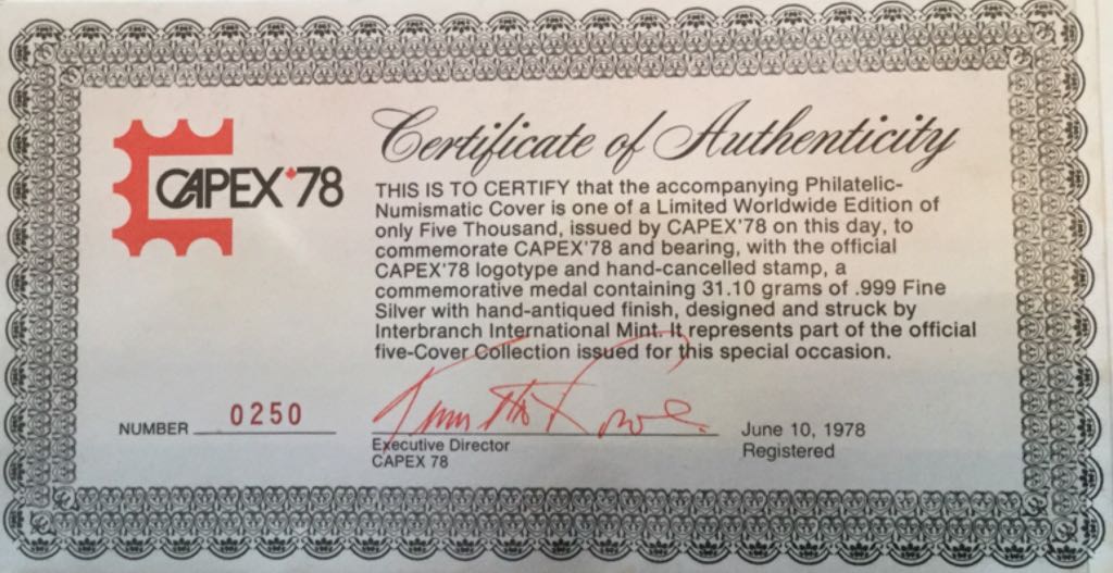 CAPEX ’78 - Official Capex ’78 First Day Cover And Medellion 1.25  coin collectible - Main Image 2