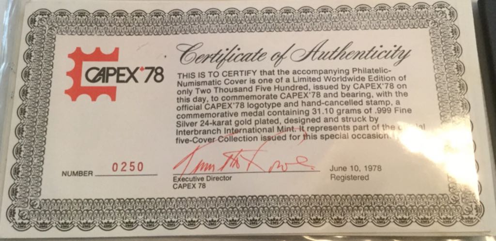 Capex ’78 Official First Day Cover And Gold Plated Medallion 1.25 Stamp  coin collectible - Main Image 2